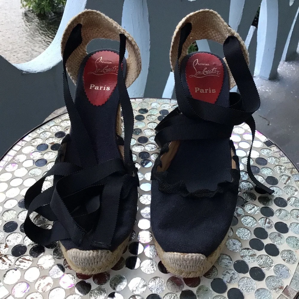 Christian Louboutin Black and Navy Espadrille Wedge Ankle Wrap Ribbon Sandals